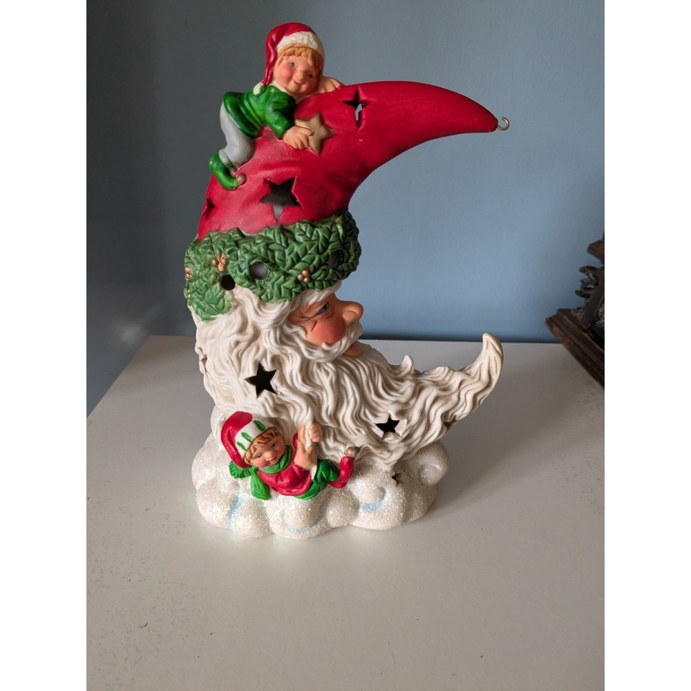 Vintage Santa Moon Lantern Figurine Christmas Light Decor Elf Holiday Display